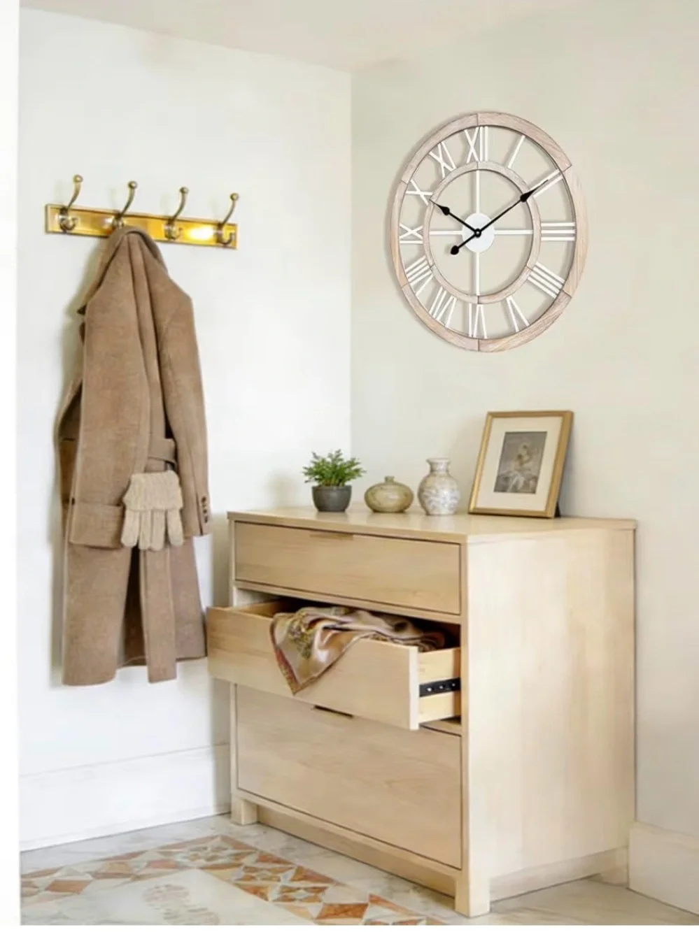 24”Large Rustic Wooden Wall Clock Silent Non-Ticking Farmhouse Decor Light Ivory